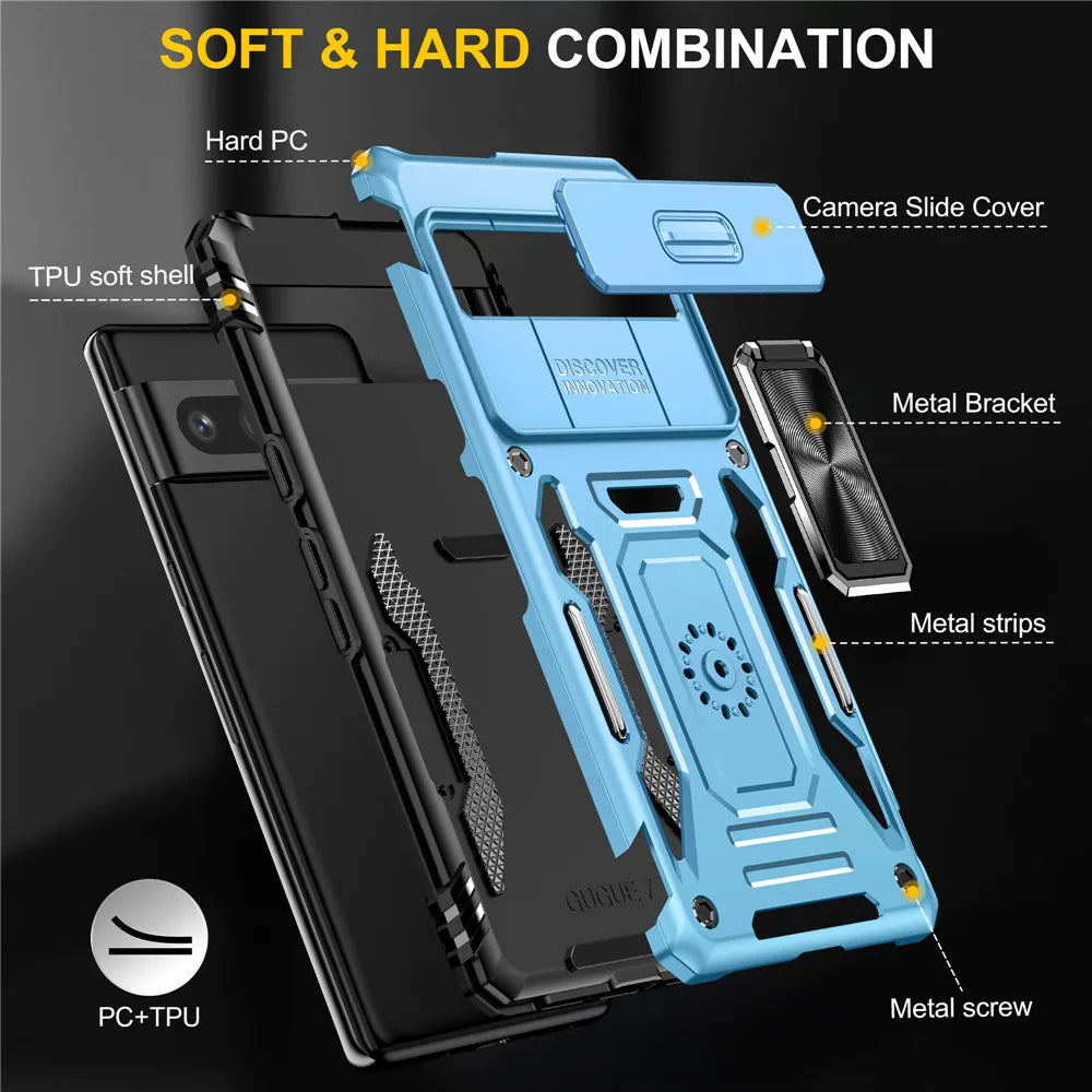 Rugged Armor Case with Camera Cover & Kickstand for Google Pixel 10 / 9 / 8
