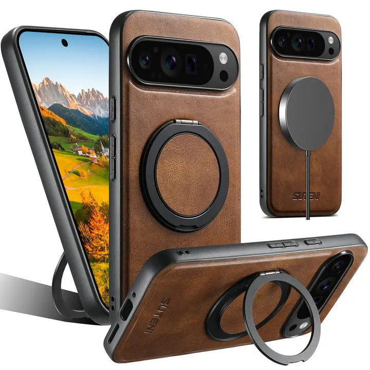 Leather Magnetic Ring Stand Case for Google Pixel 10 / 9 / 8